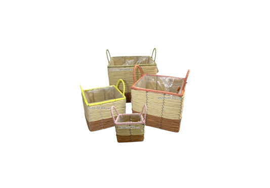 Cesto corda quadrato con bordo colorato set 4 pz con manico - Mamà Lah